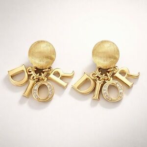 Dior VTG 90s D-I-O-R logo letter charm clip earrings, gold plated/crystals, EUC